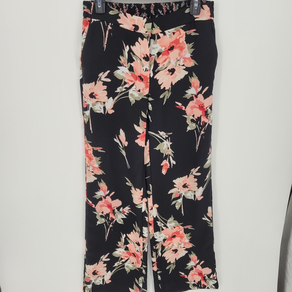 White House Black Market Black Wide-Leg Pants with Pink Floral Print